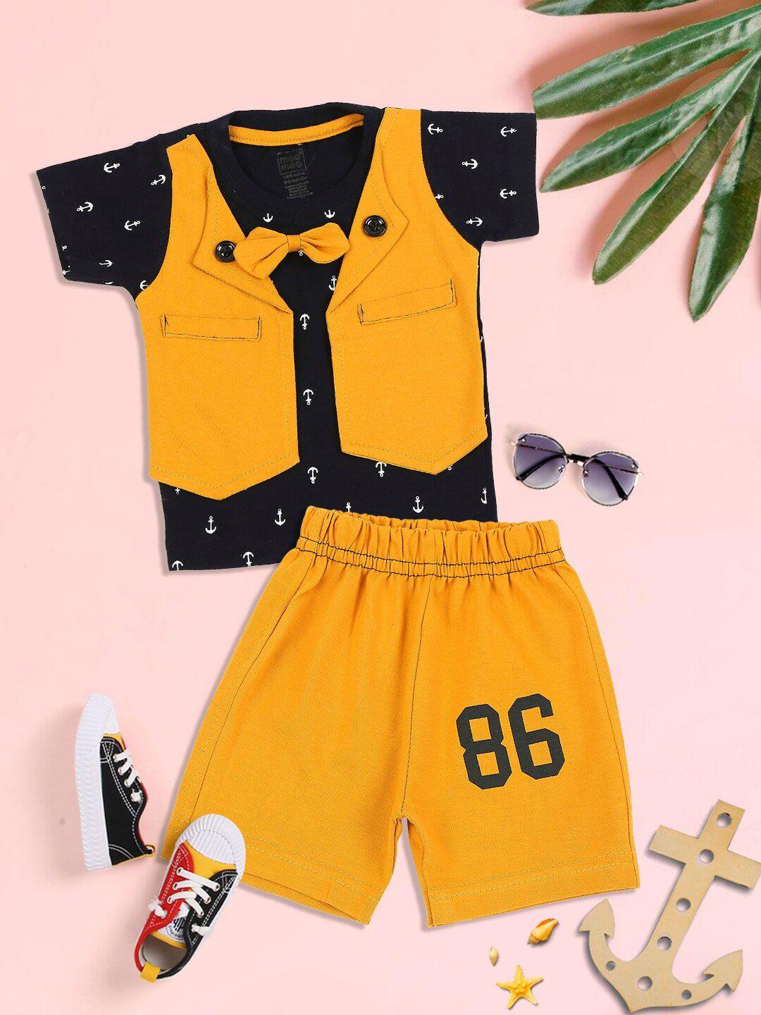 meemee boys mustard yellow & black printed pure cotton t-shirt with shorts