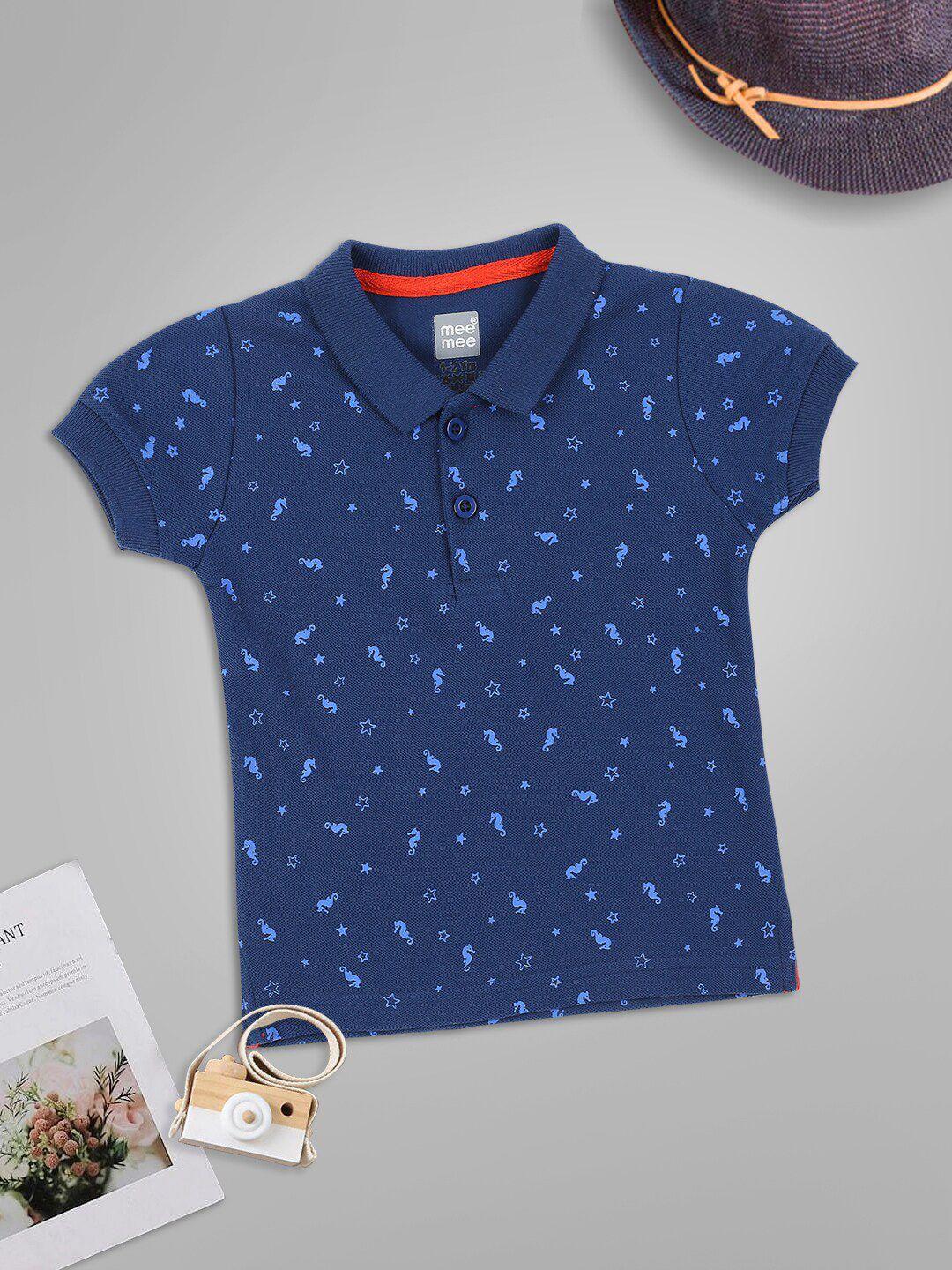 meemee boys navy blue printed polo collar t-shirt