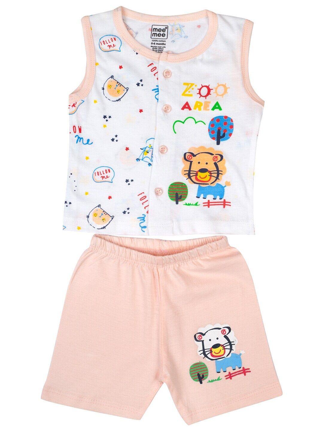 meemee boys peach-coloured & white printed top with shorts