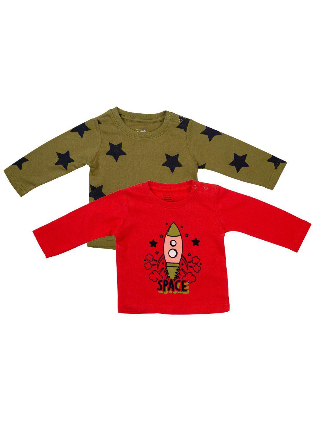 meemee boys red & olive green pack of 2 printed t-shirts