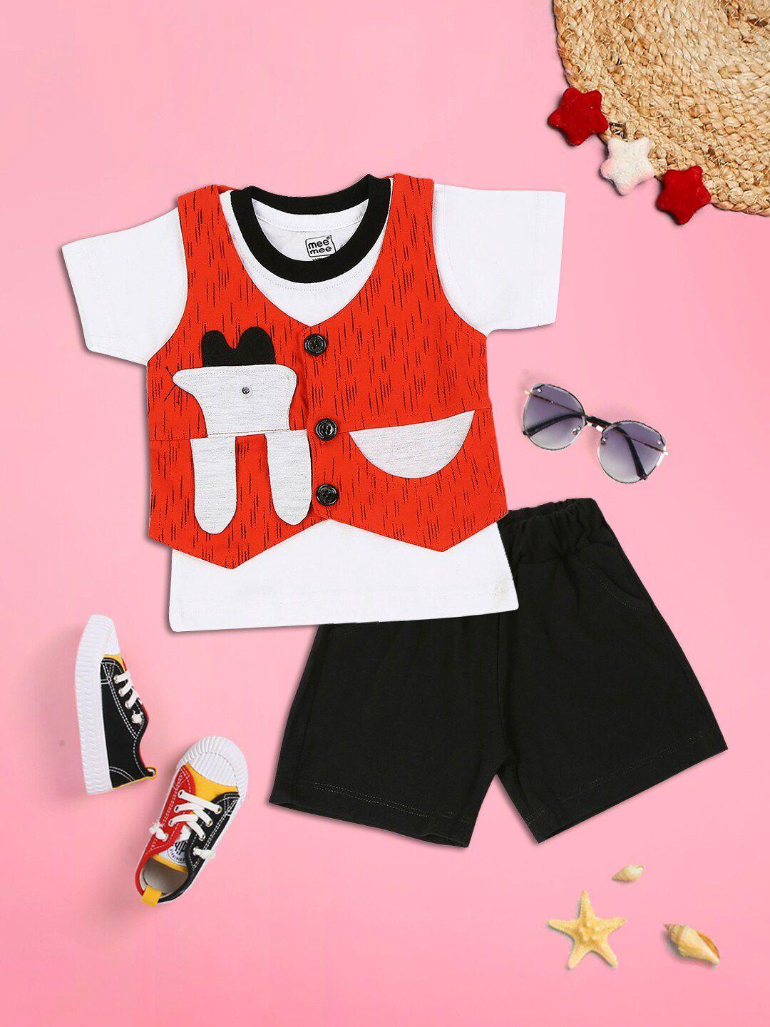 meemee boys red & white printed pure cotton t-shirt with shorts