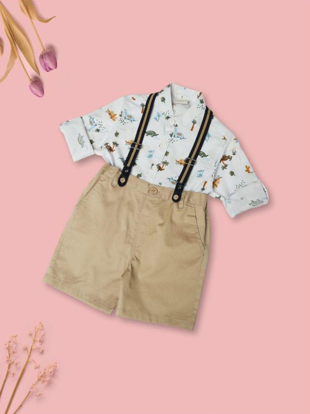 meemee boys white & beige printed shirt with shorts