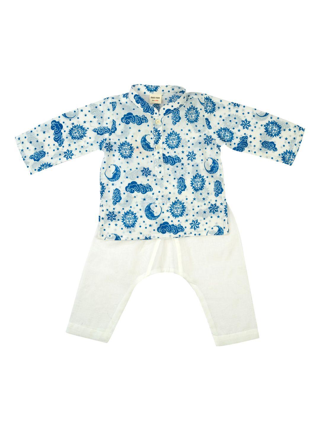 meemee boys white & blue ethnic motifs printed regular pure cotton kurta with pyjamas