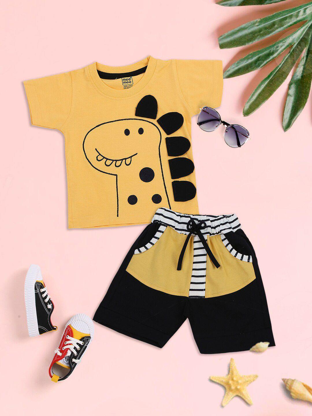 meemee boys yellow & black printed pure cotton t-shirt shorts clothing set