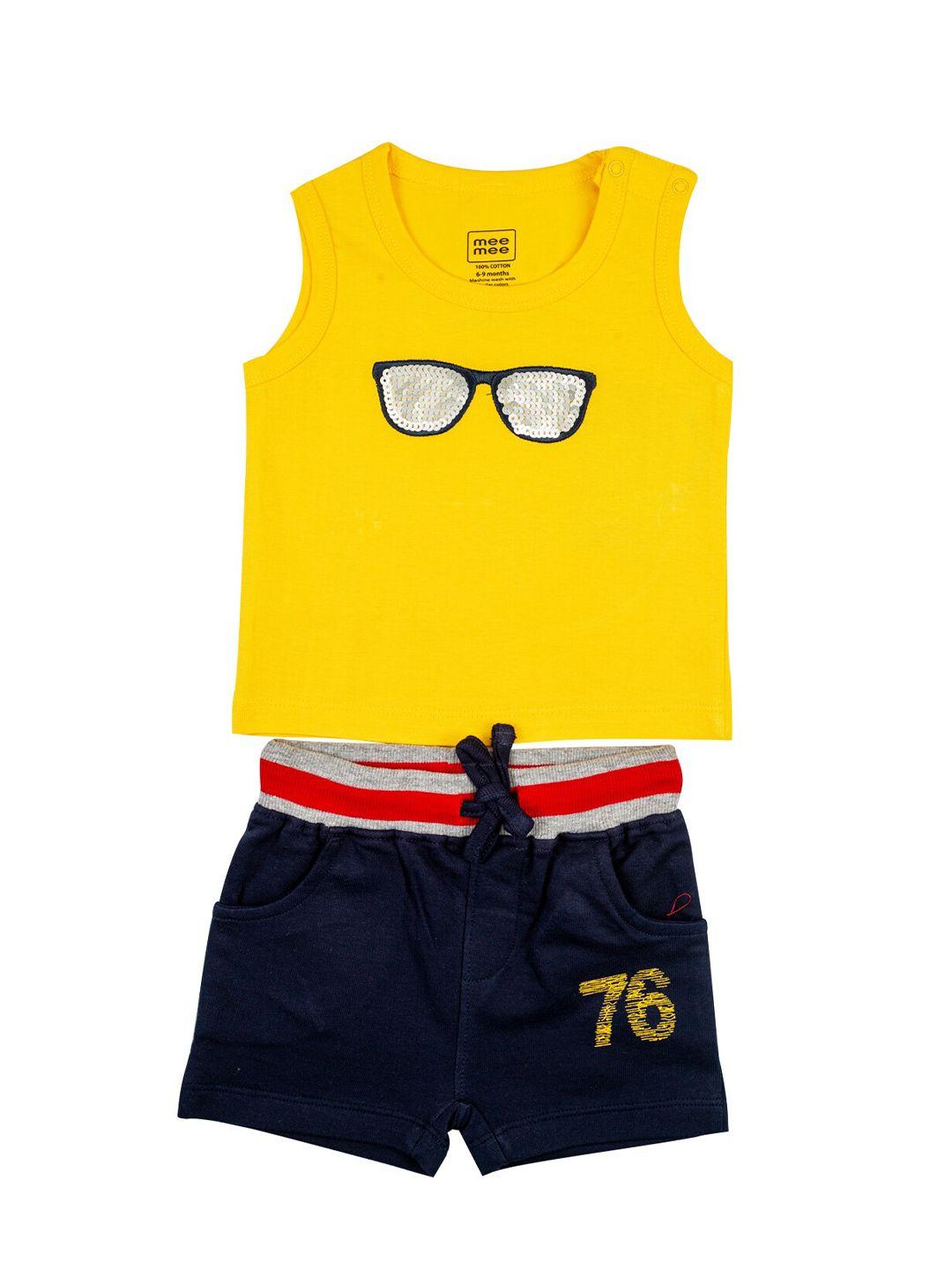 meemee boys yellow & navy blue embellished t-shirt with shorts