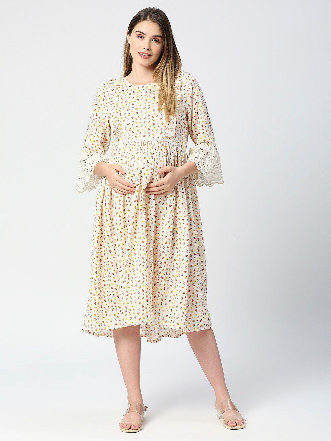 meemee floral printed bell sleeves maternity cotton fit & flare midi dress