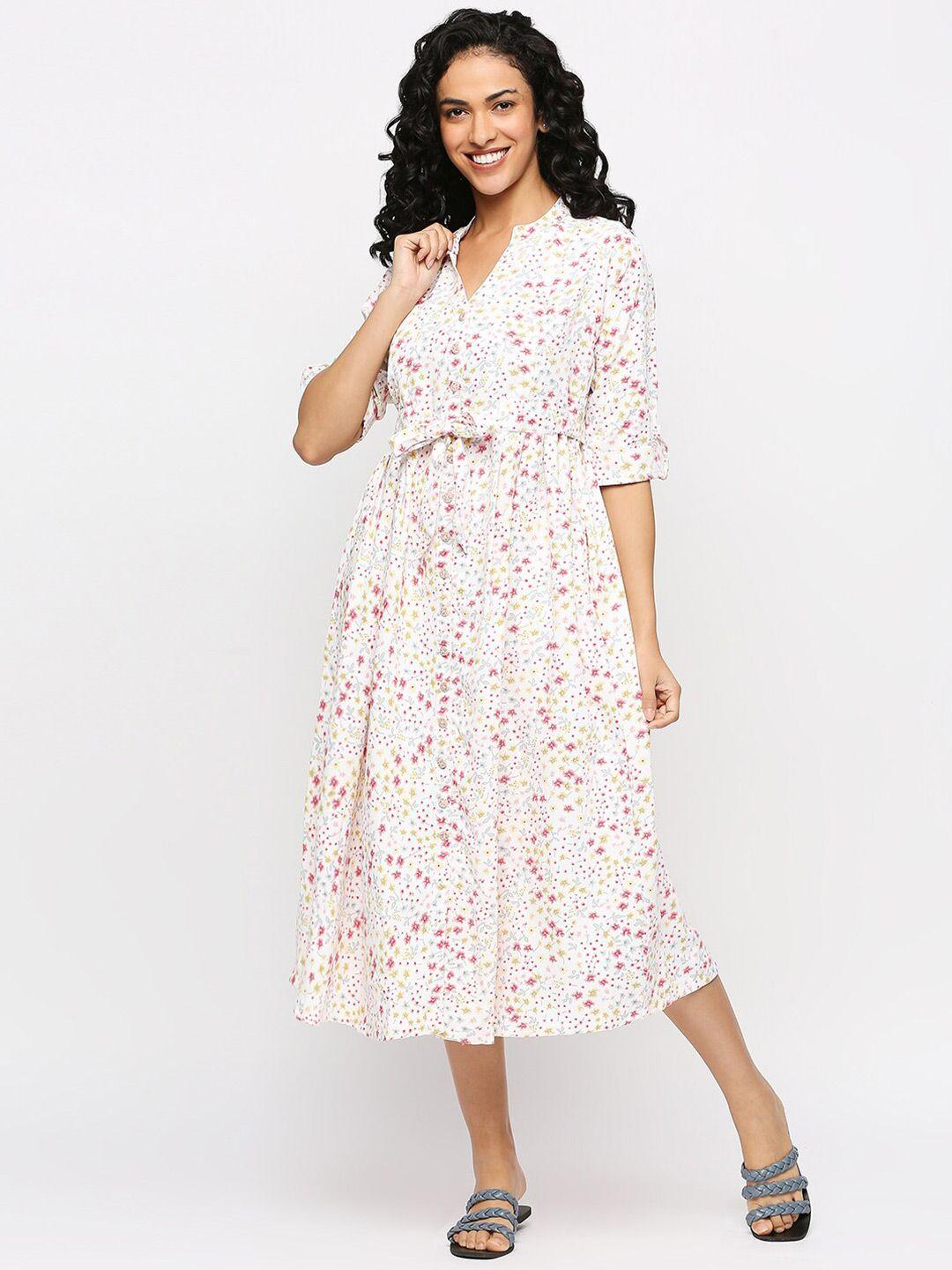 meemee floral printed mandarin collar roll-up sleeves maternity a-line midi dress