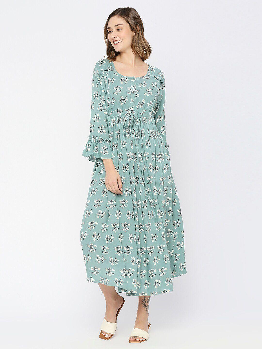 meemee green floral print bell sleeve maternity a-line midi dress