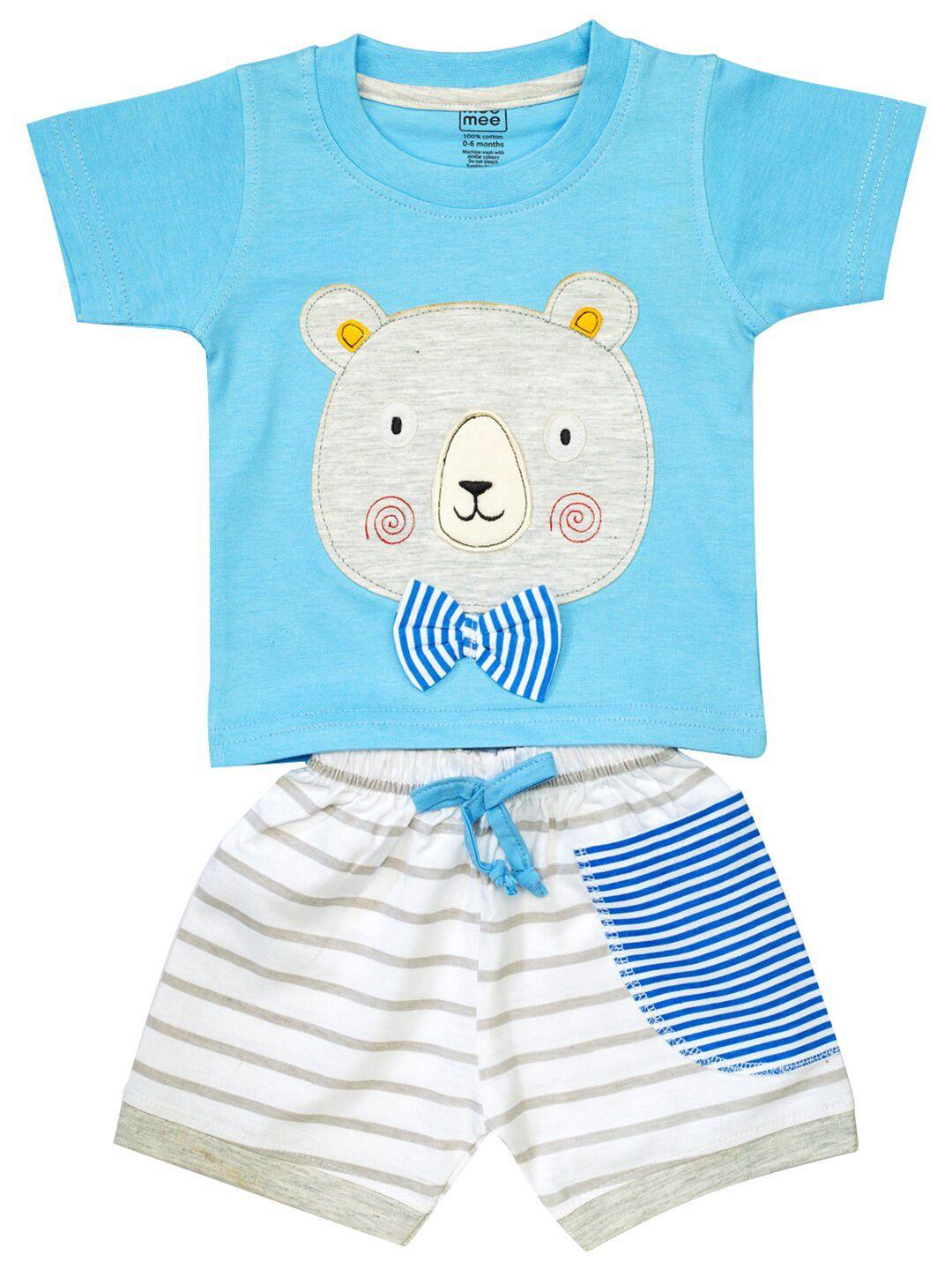meemee infant boys blue & white printed pure cotton t-shirt with shorts
