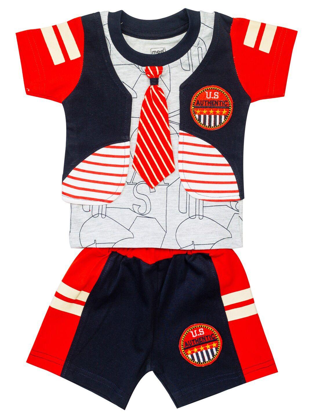 meemee infant boys navy blue & red printed pure cotton t-shirt with shorts
