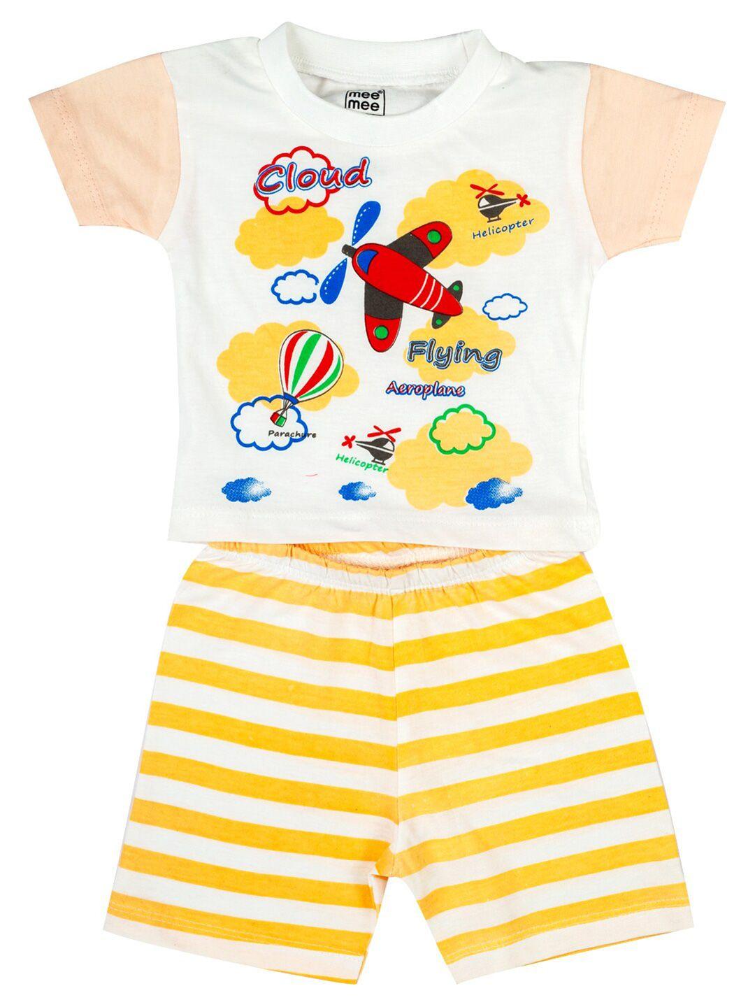 meemee infant boys peach-coloured & white printed pure cotton t-shirt with shorts