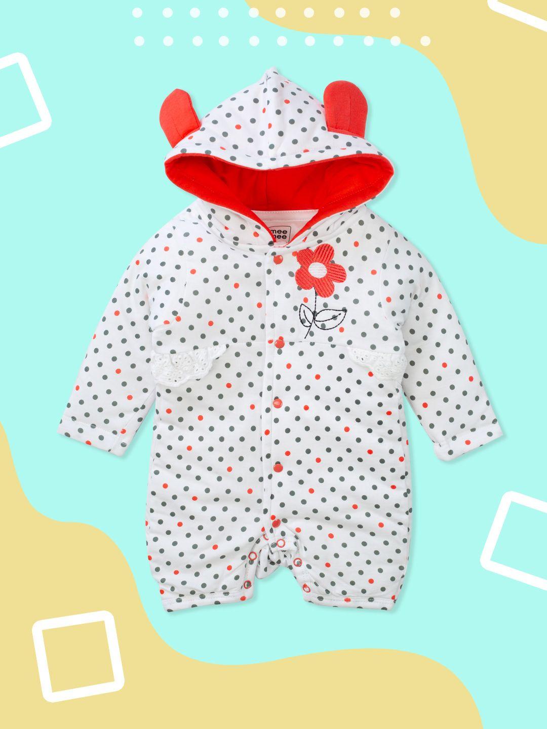 meemee infant girls white & red printed hooded romper