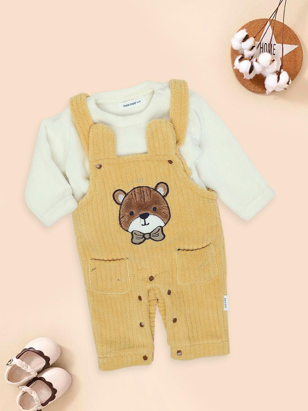 meemee infants teddy bear-embroidered dungaree with t-shirt