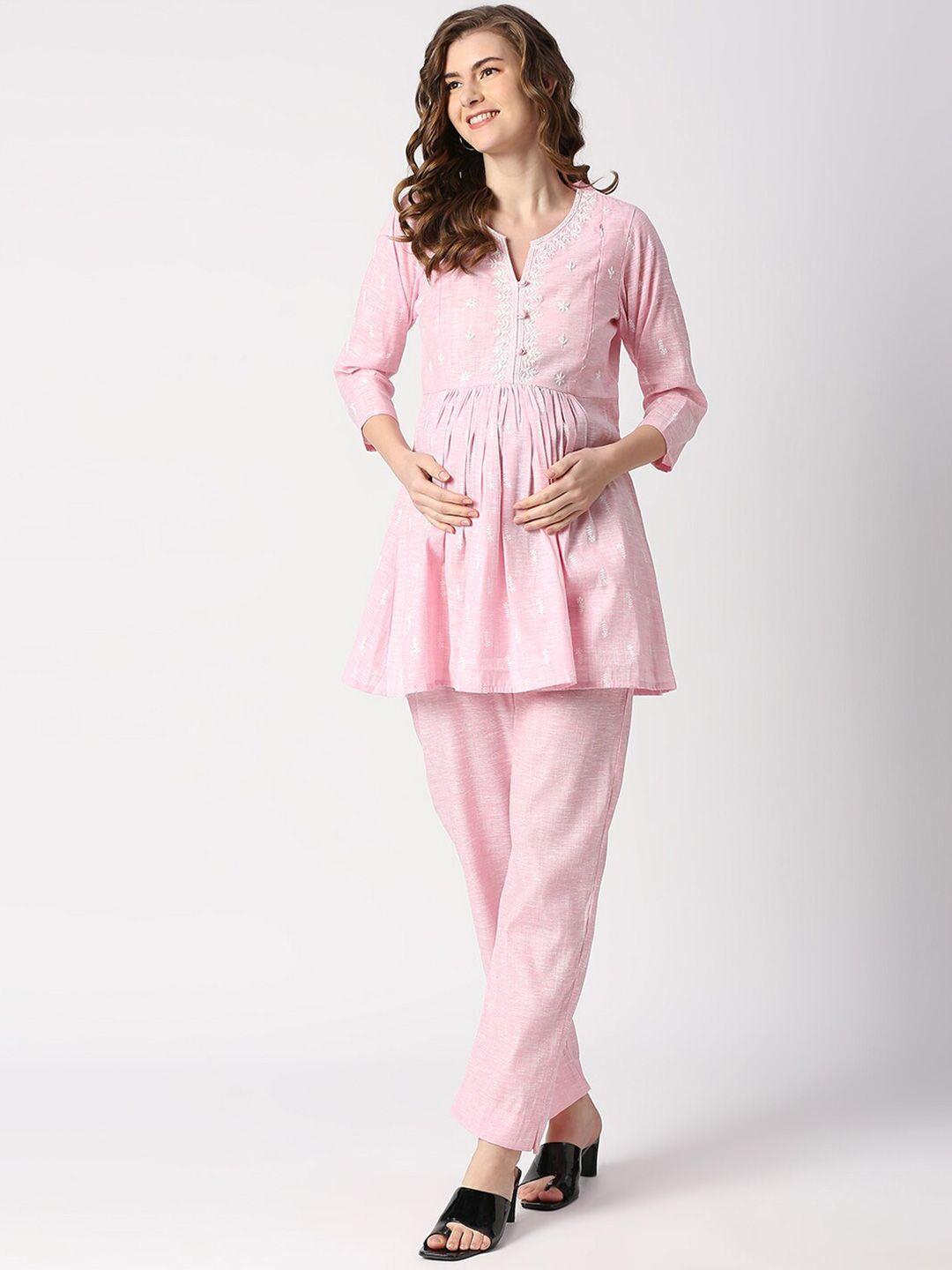 meemee pink thread work pure cotton maternity thread work kurti
