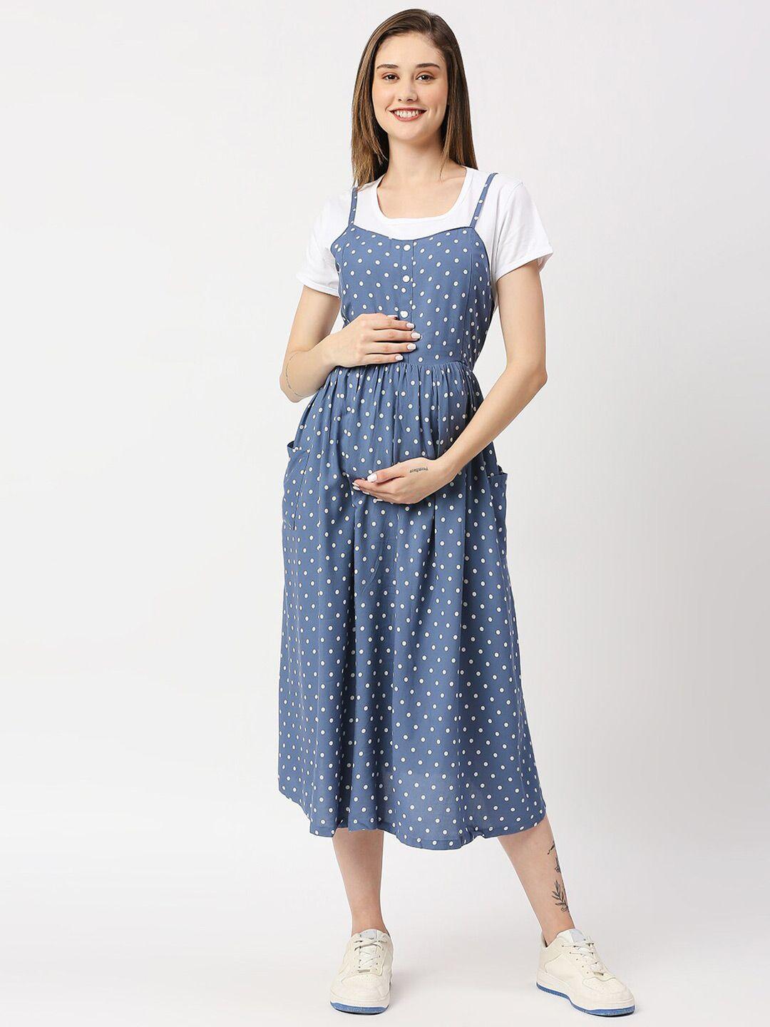 meemee polka dot printed maternity pinafore midi dress