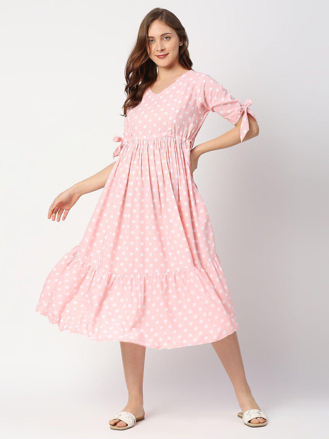 meemee polka dots printed cotton maternity fit & flare midi dress