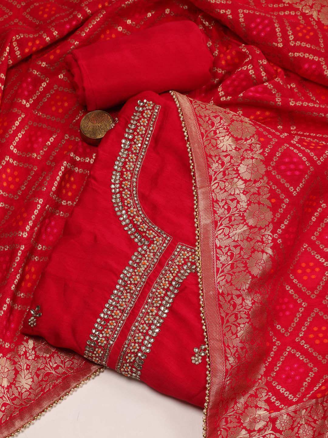 meena bazaar bandhani printed beads & stones art silk unstitched dress material