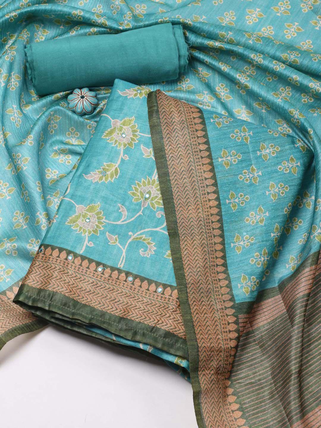 meena bazaar blue printed art silk unstitched dress material