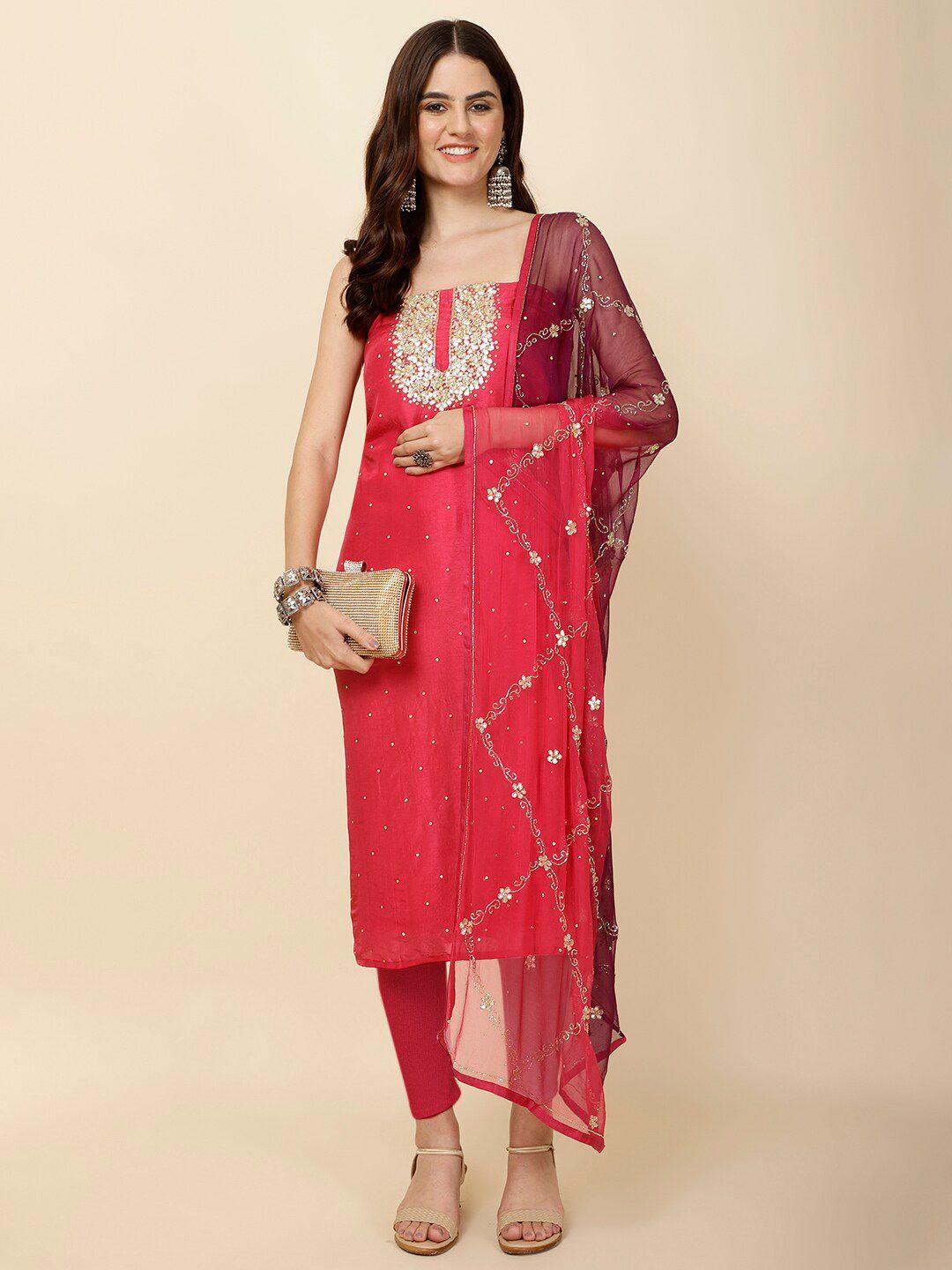 meena bazaar embellished art silk unstitched dress material