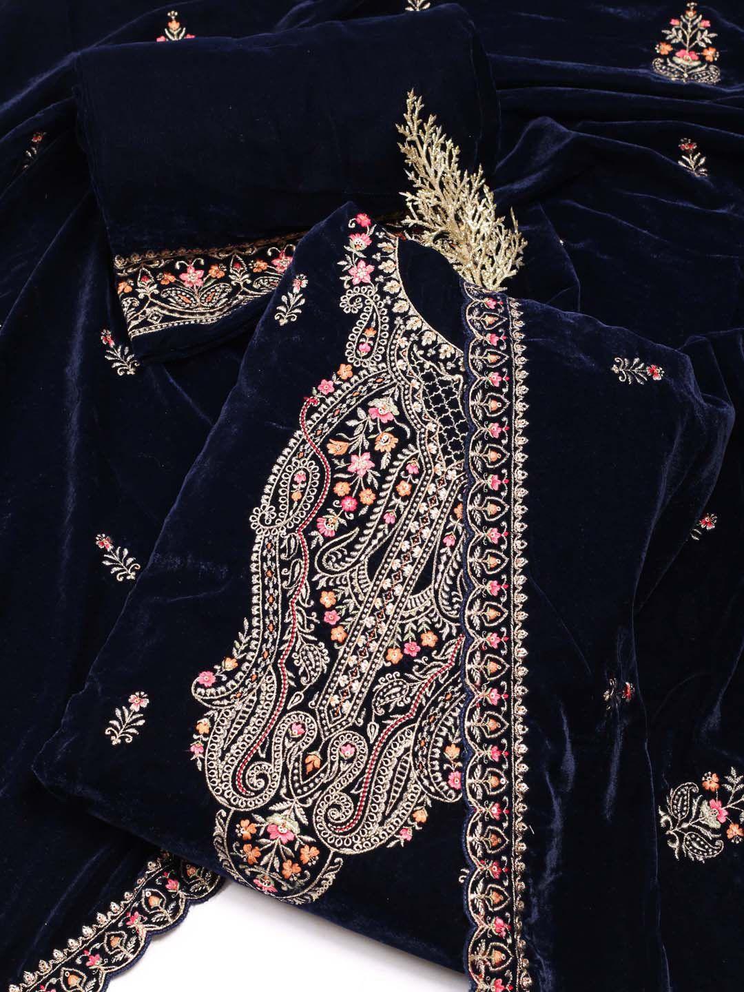 meena bazaar ethnic motifs embroidered sequinned velvet unstitched dress material