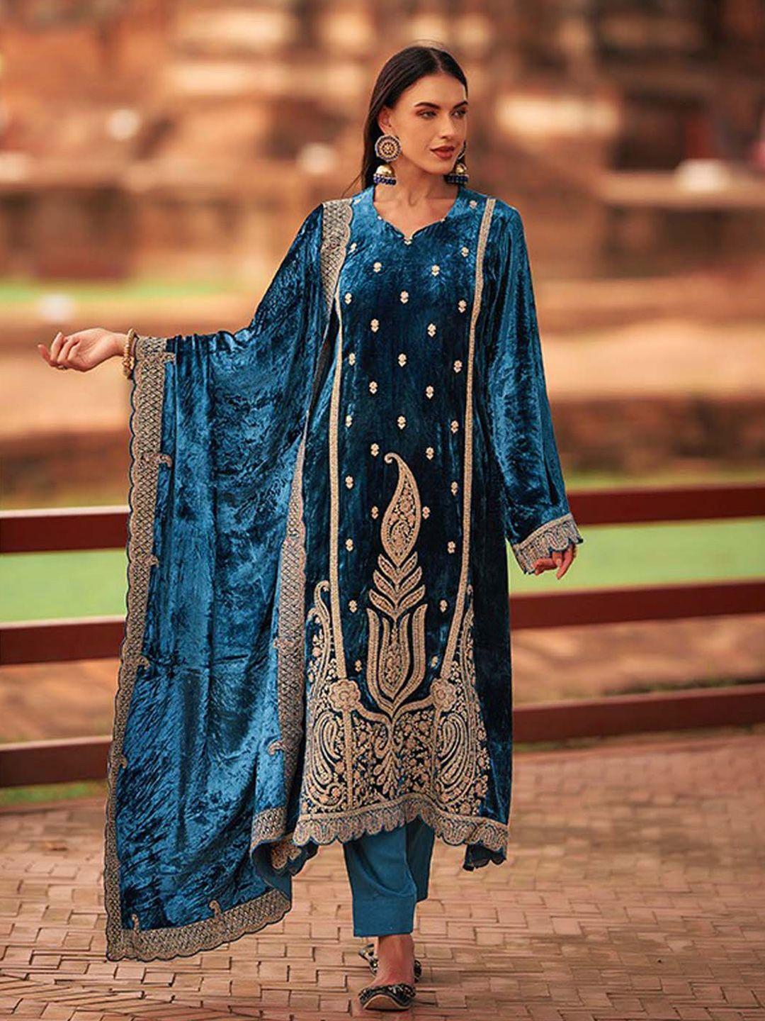 meena bazaar ethnic motifs embroidered velvet unstitched dress material