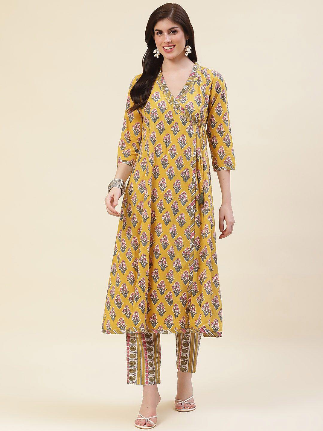 meena bazaar ethnic motifs printed angrakha anarkali cotton kurta with trousers