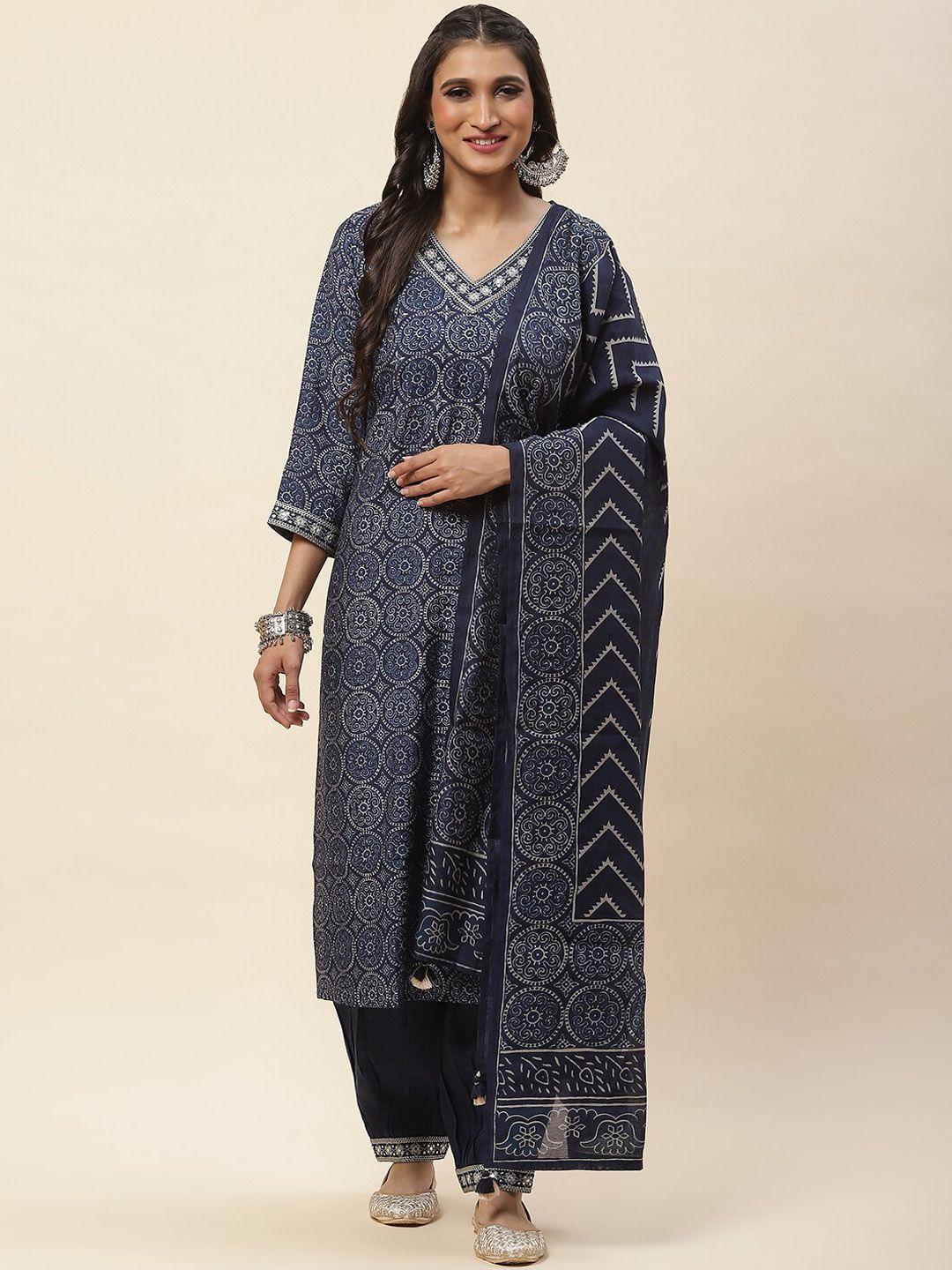 meena bazaar ethnic motifs printed mirror work straight kurta & trousers with dupatta