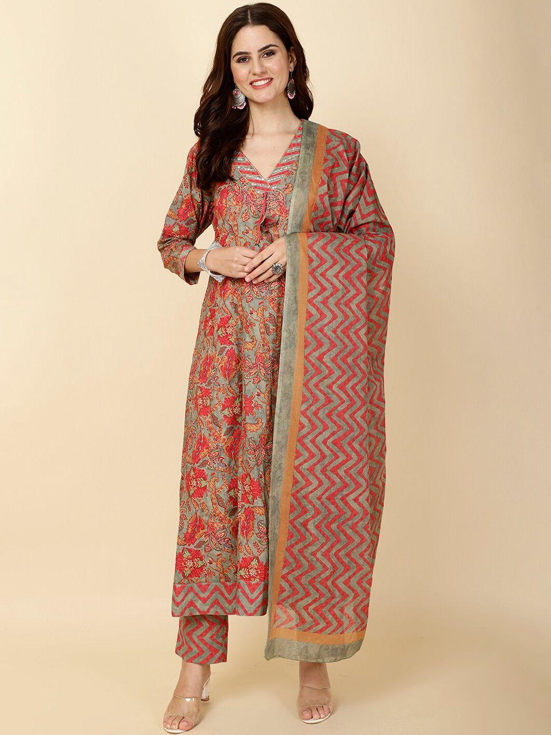 meena bazaar ethnic motifs printed regular a-line kurta with trousers & dupatta