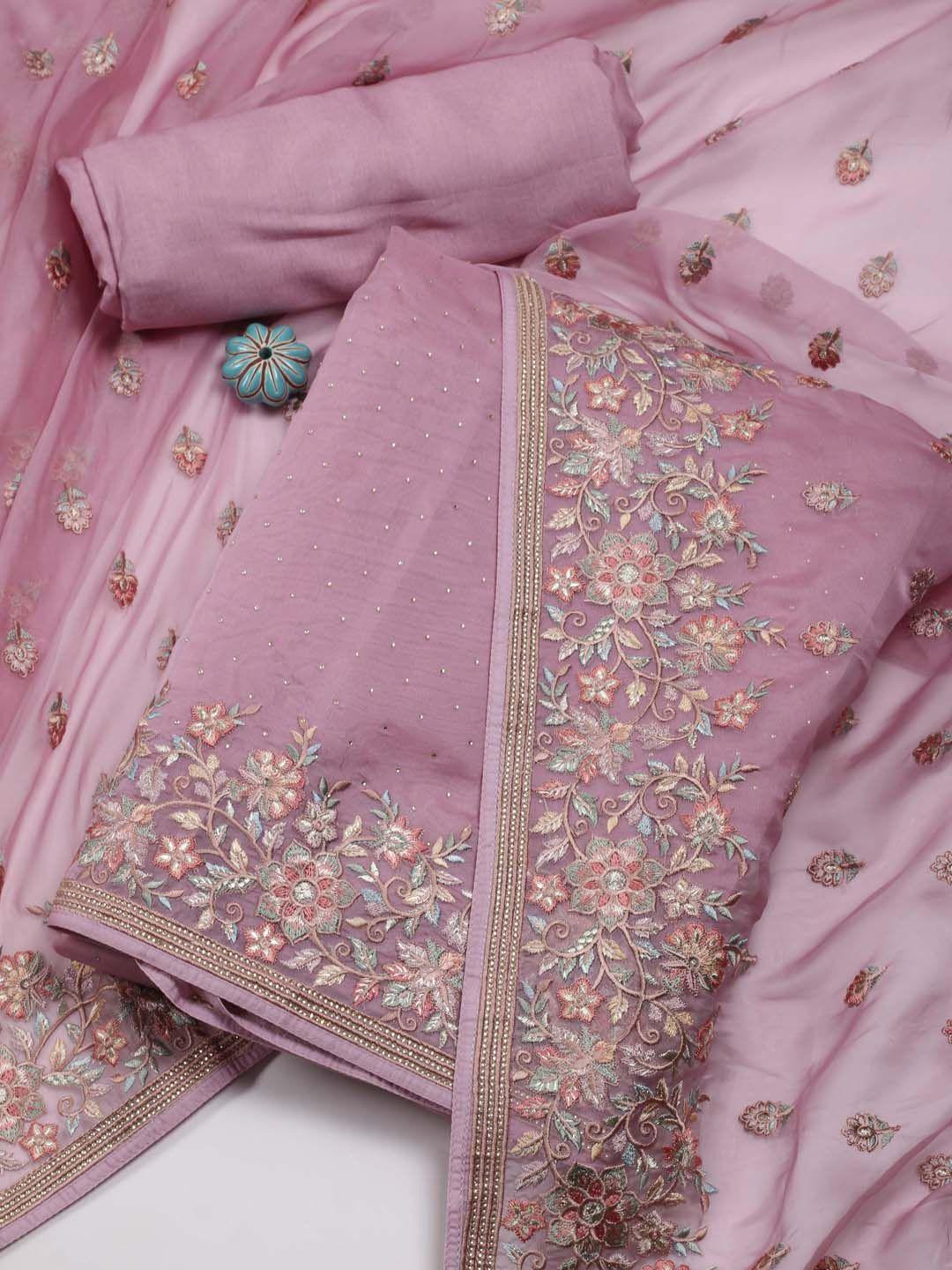 meena bazaar floral embroidered organza unstitched dress material