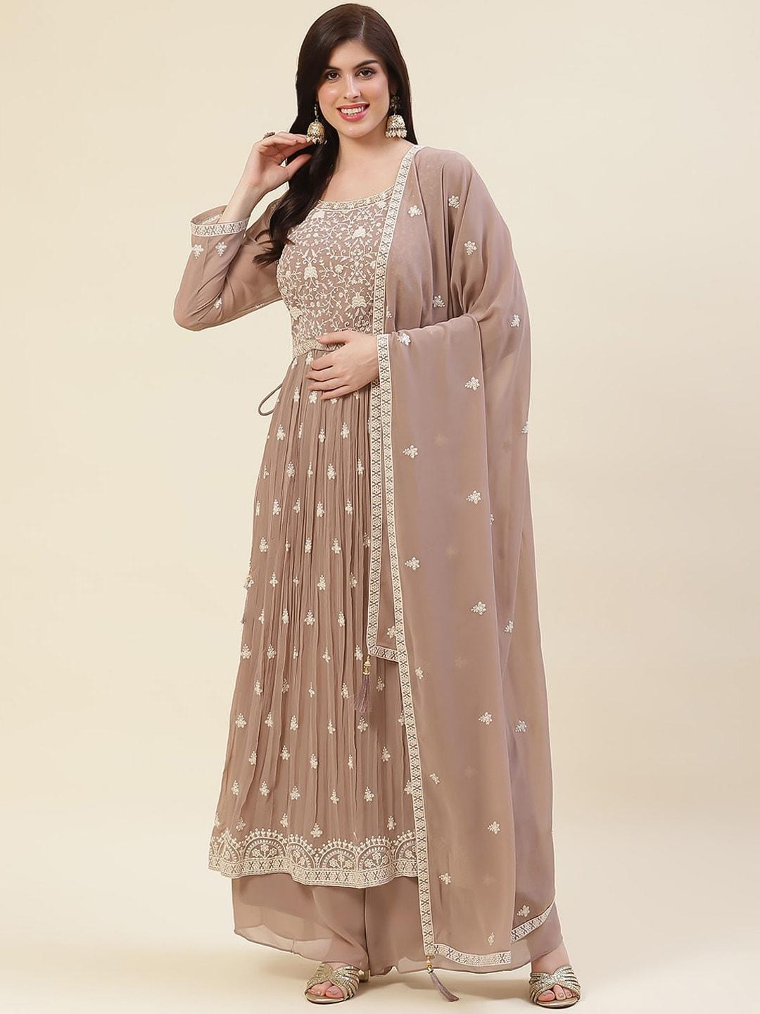 meena bazaar floral embroidered sequined a-line kurta & palazzos with dupatta