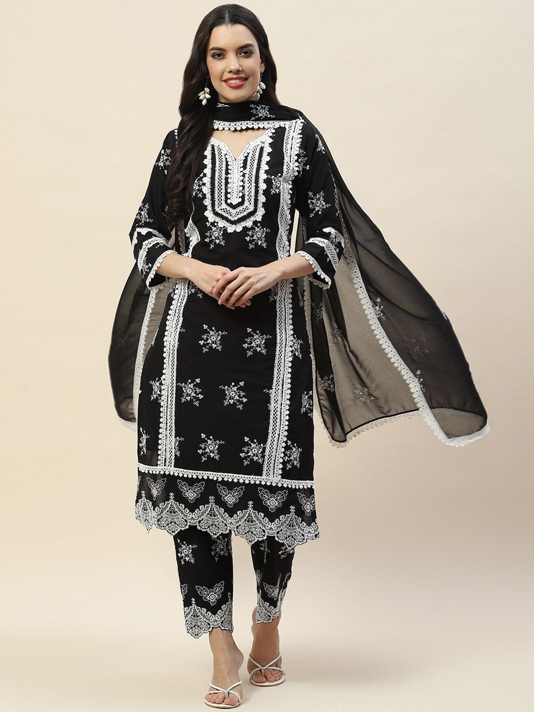 meena bazaar floral embroidered straight kurta with trousers & dupatta