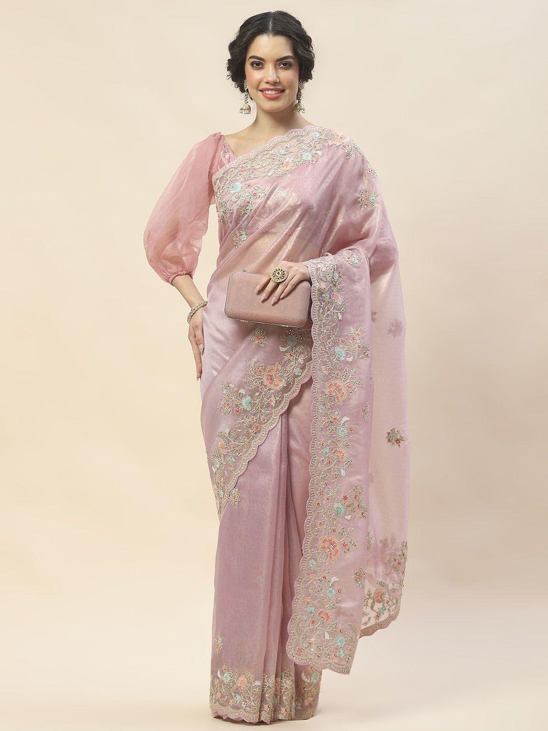 meena bazaar floral embroidered tissue saree