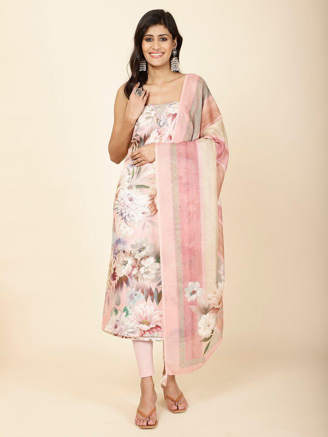 meena bazaar floral printed art silk unstitched dress material