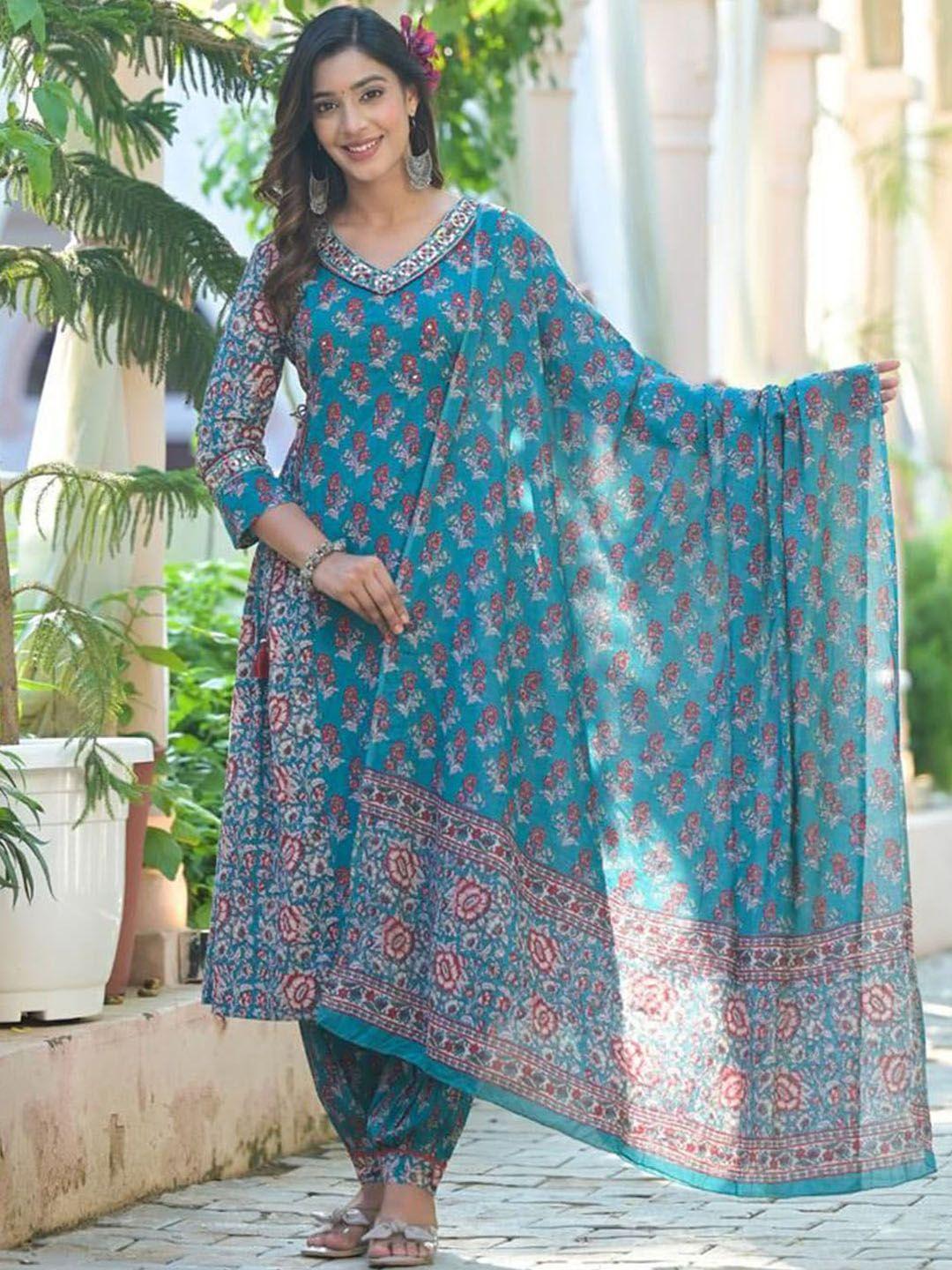 meena bazaar floral printed kurta & trousers with dupatta