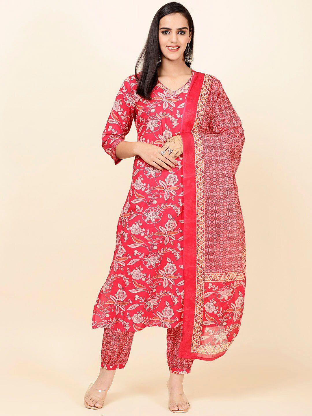meena bazaar floral printed regular kurta with trousers & dupatta