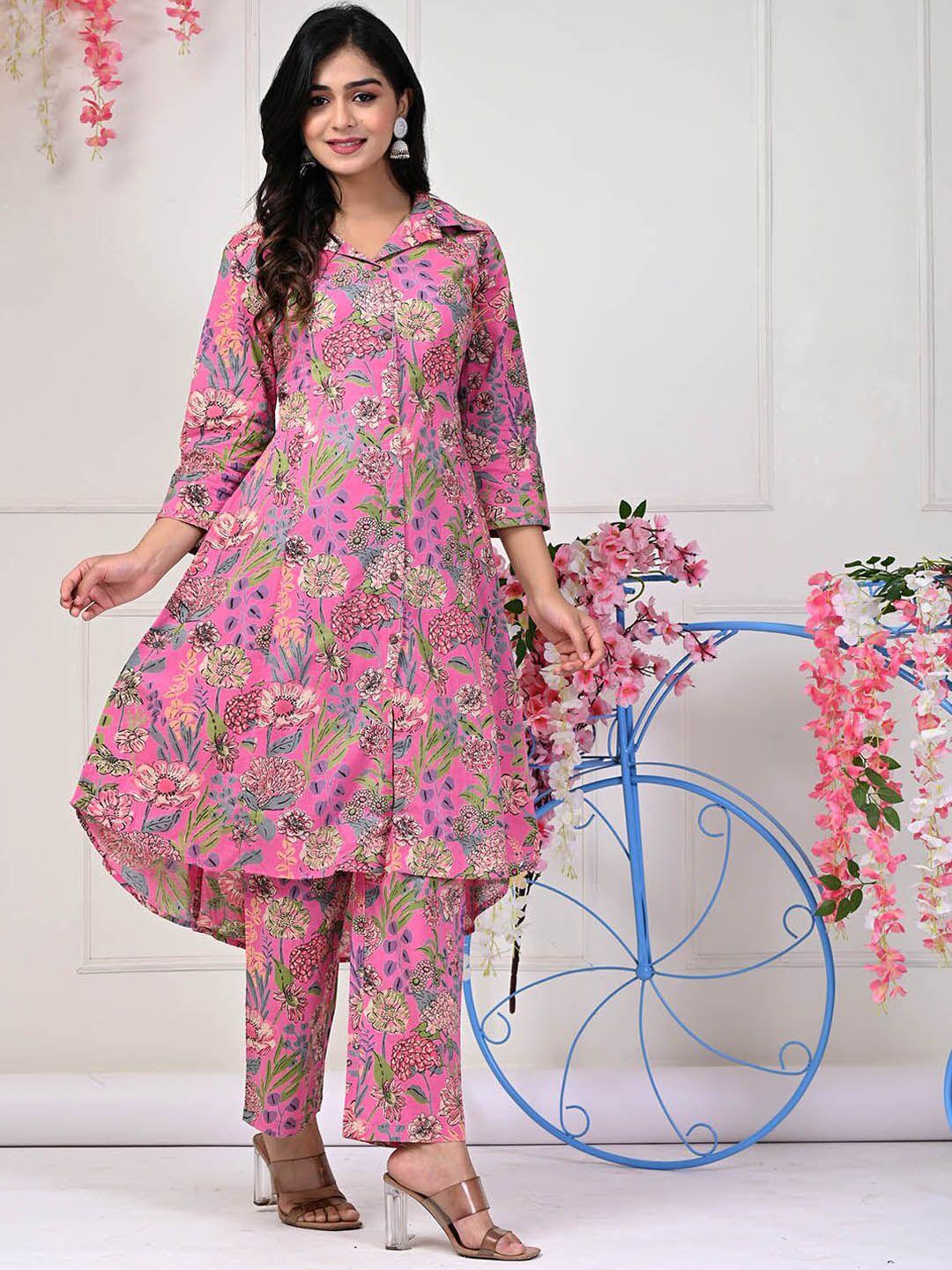 meena bazaar floral printed shirt collar a-line kurta with trousers
