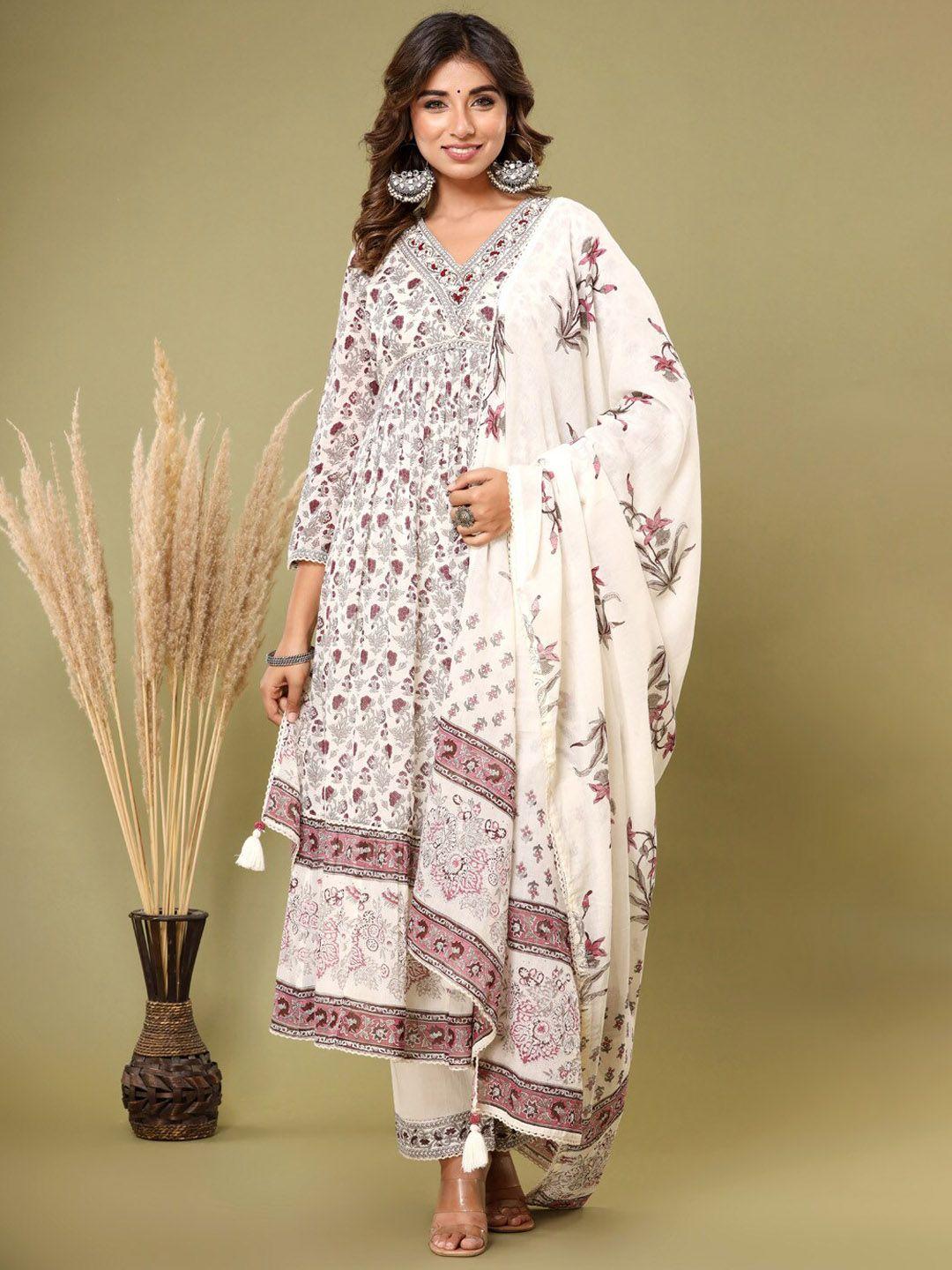 meena bazaar floral printed thread work a-line pleated kurta with trousers & dupatta