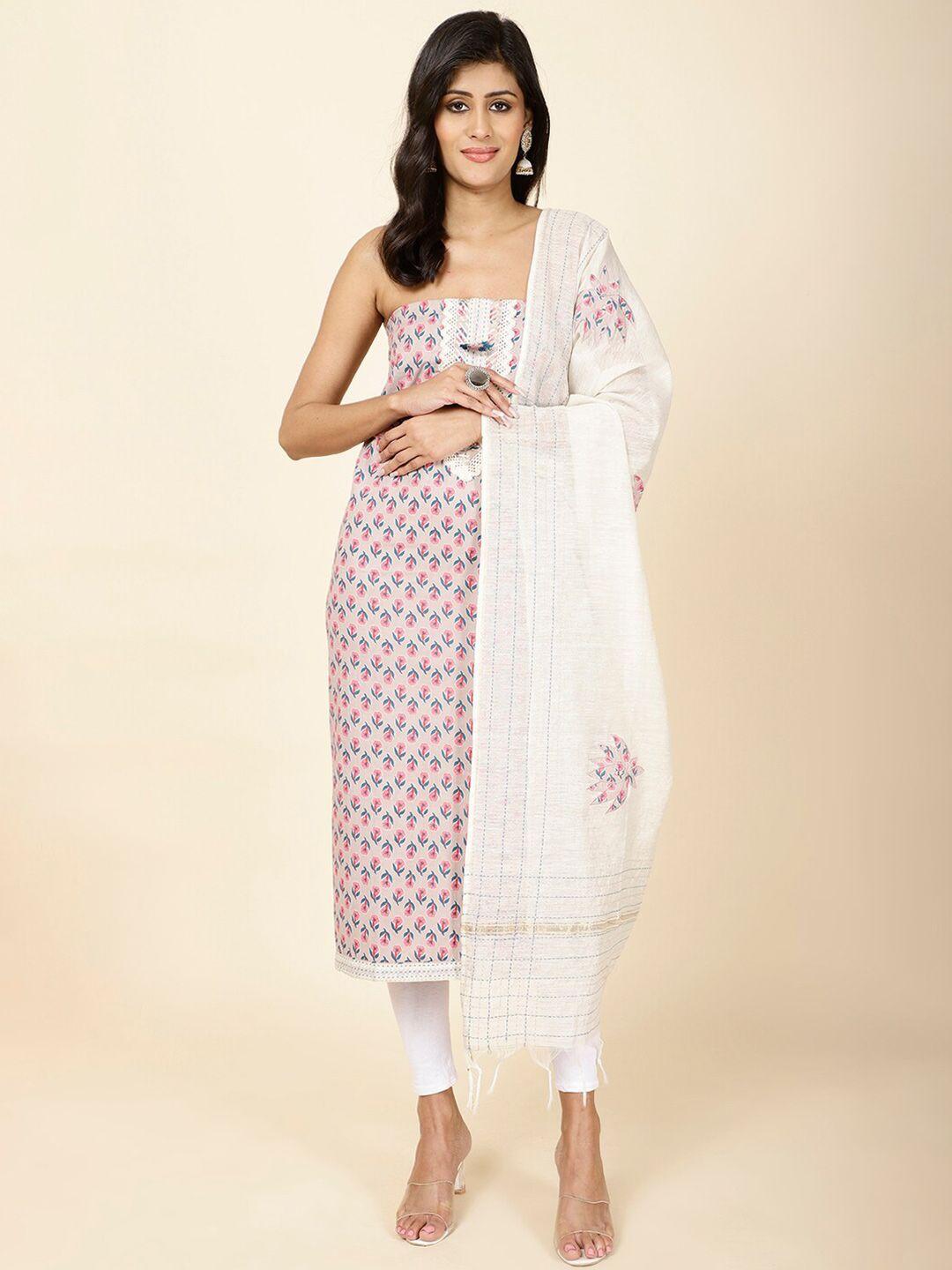 meena bazaar floral printed thread work unstitched dress material