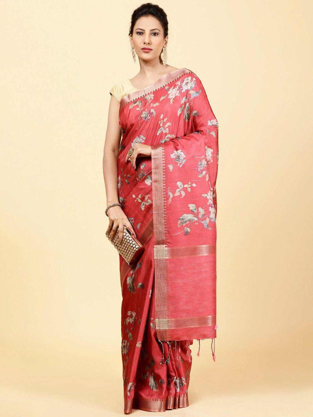 meena bazaar floral printed zari art silk saree