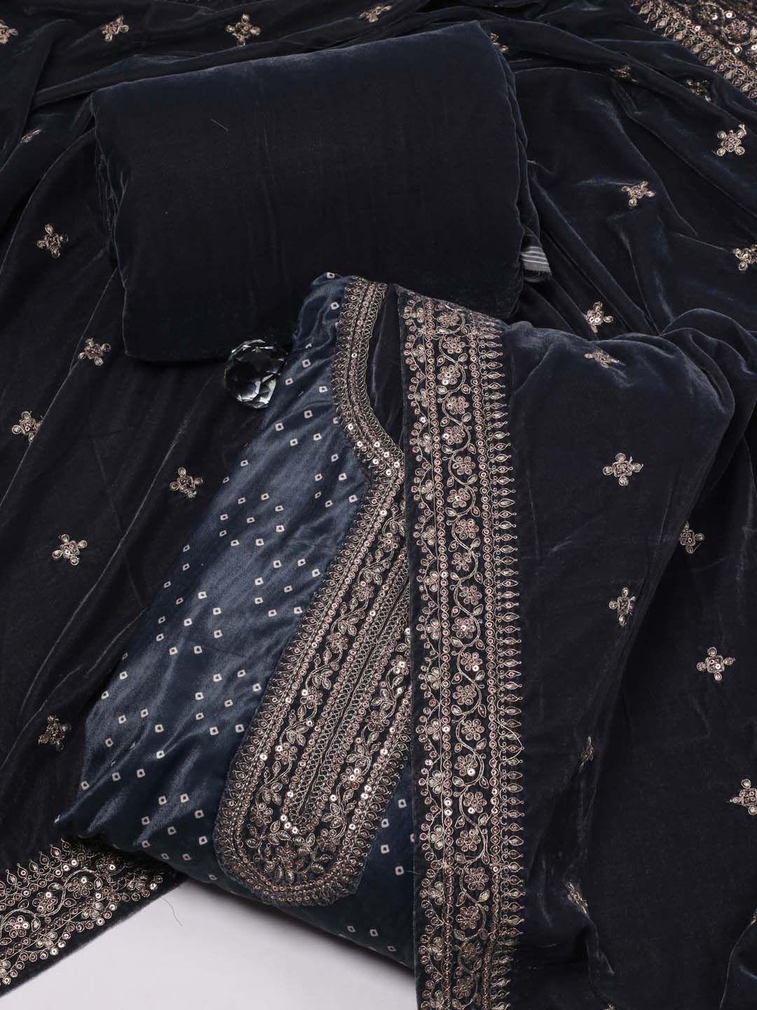 meena bazaar geometric printed sequinned velvet unstitched dress material