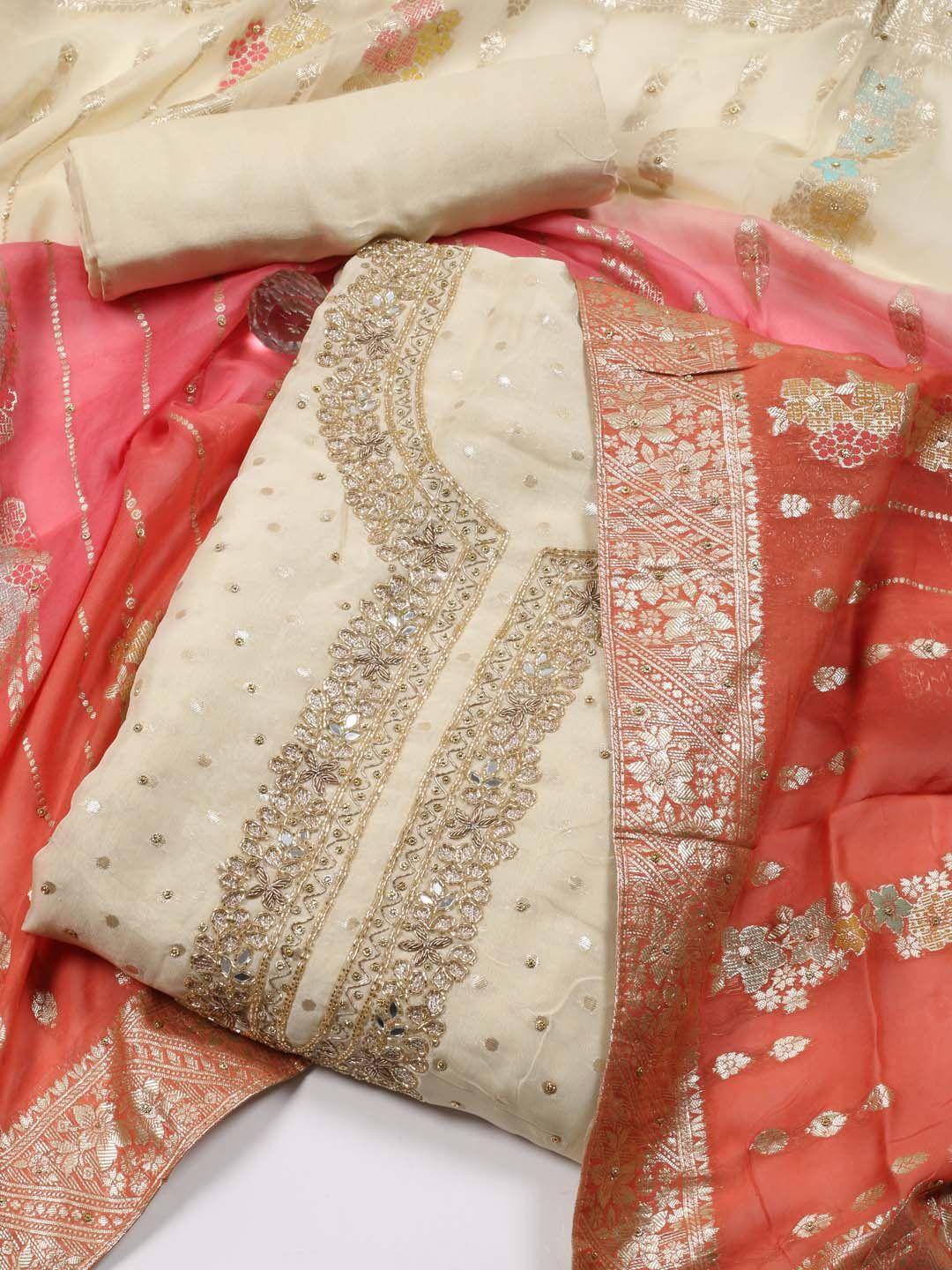 meena bazaar geometric woven design beads & stones organza unstitched dress material