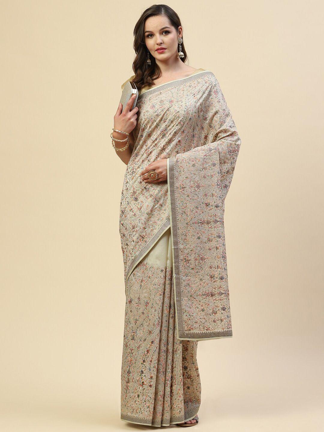 meena bazaar green & brown floral embroidered saree