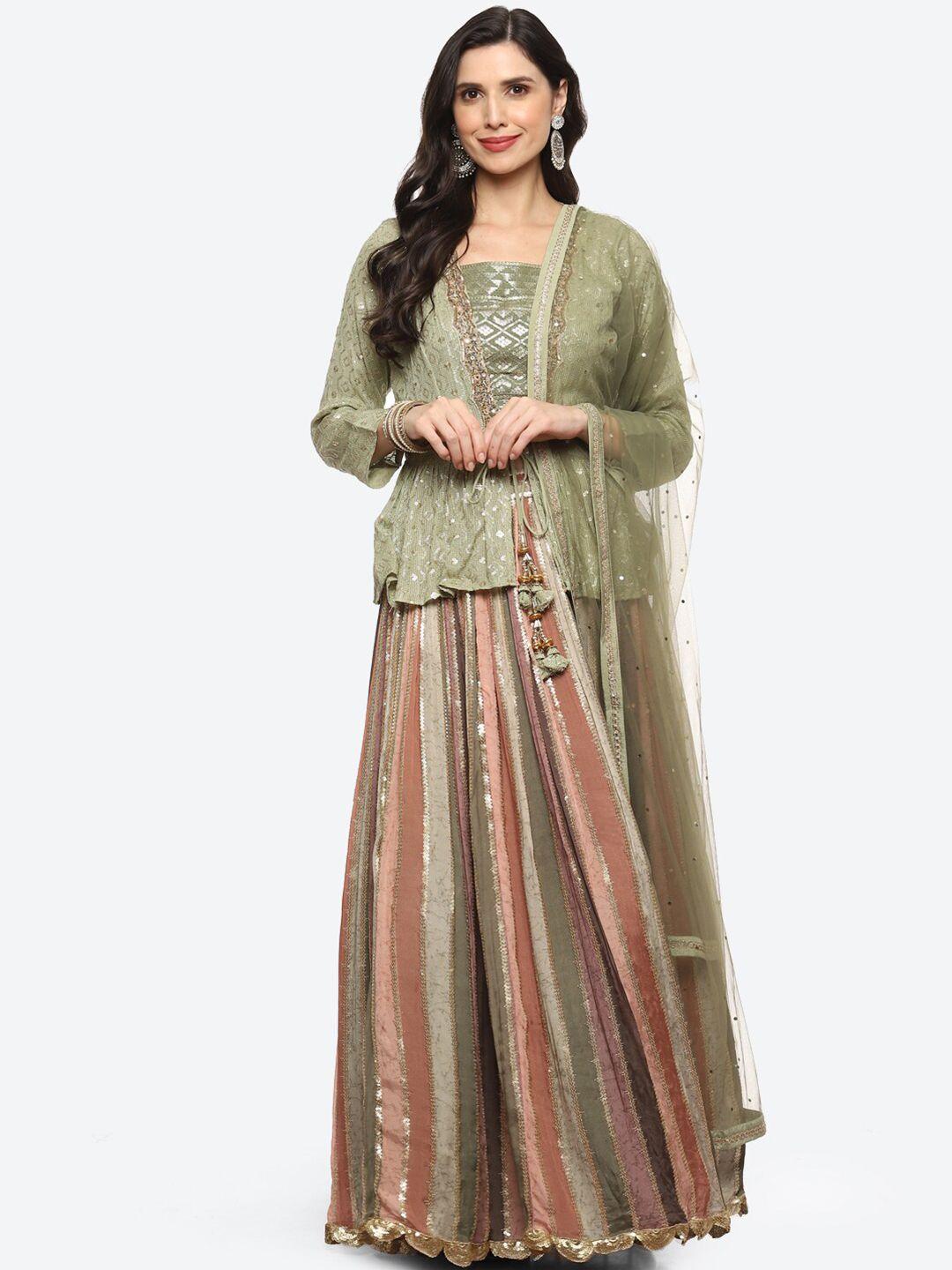 meena bazaar green & pink ready to wear lehenga & blouse with dupatta & with jacket