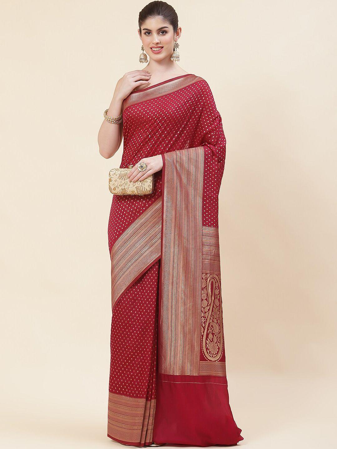meena bazaar maroon & gold-toned woven design zari art silk handloom saree