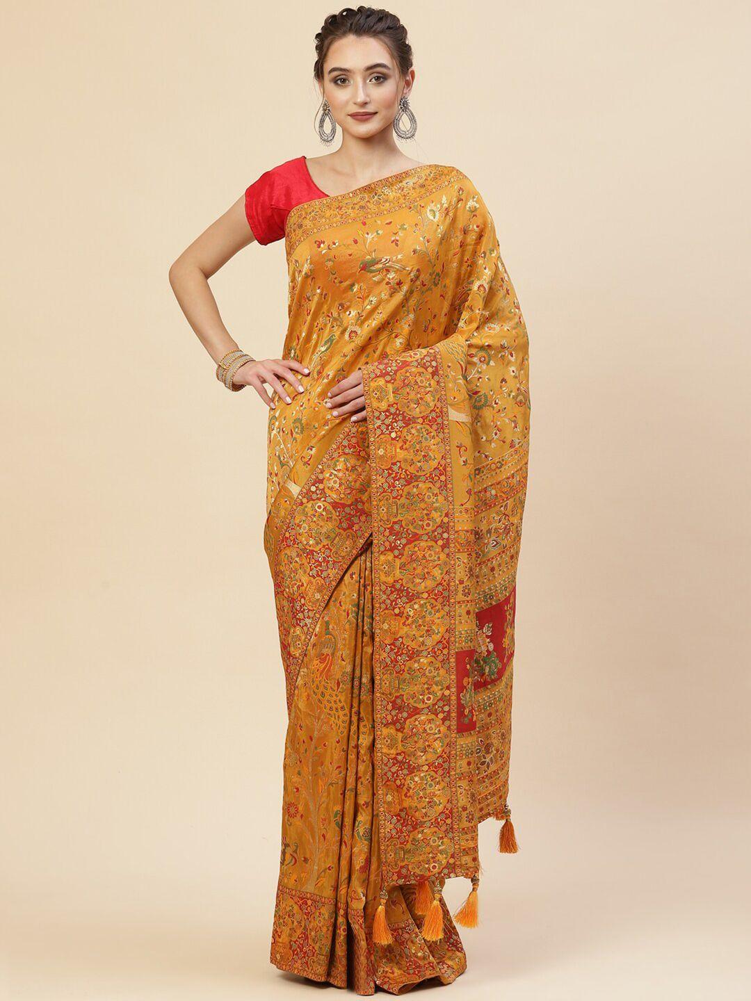 meena bazaar mustard & green floral art silk saree