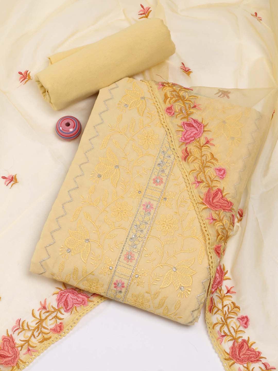 meena bazaar yellow & pink embroidered art silk unstitched dress material