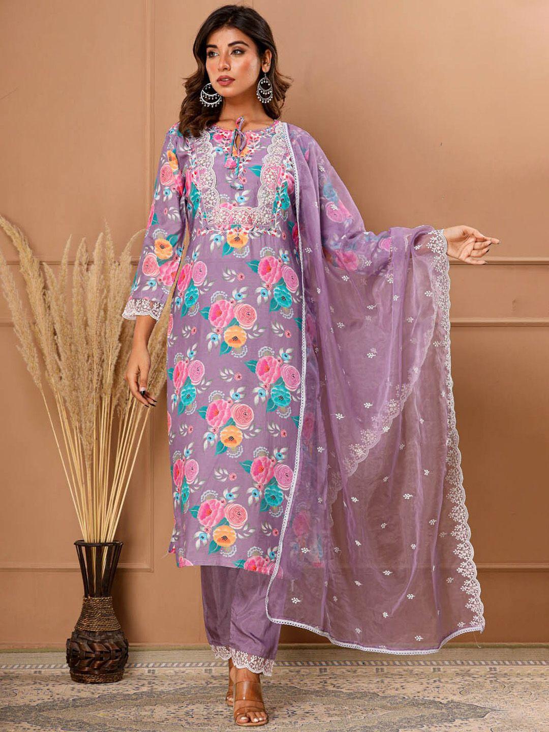 meena bazaar  floral printed sequined tie-up neck straight kurta with trousers & dupatta