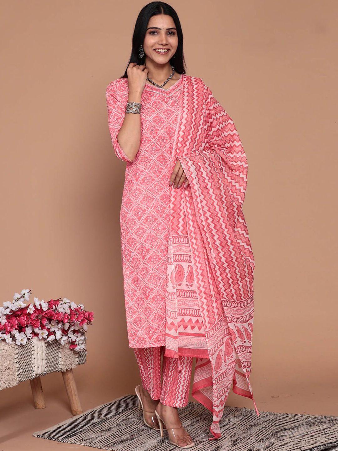 meena bazaar bandhani printed regular straight kurta & trousers with dupatta