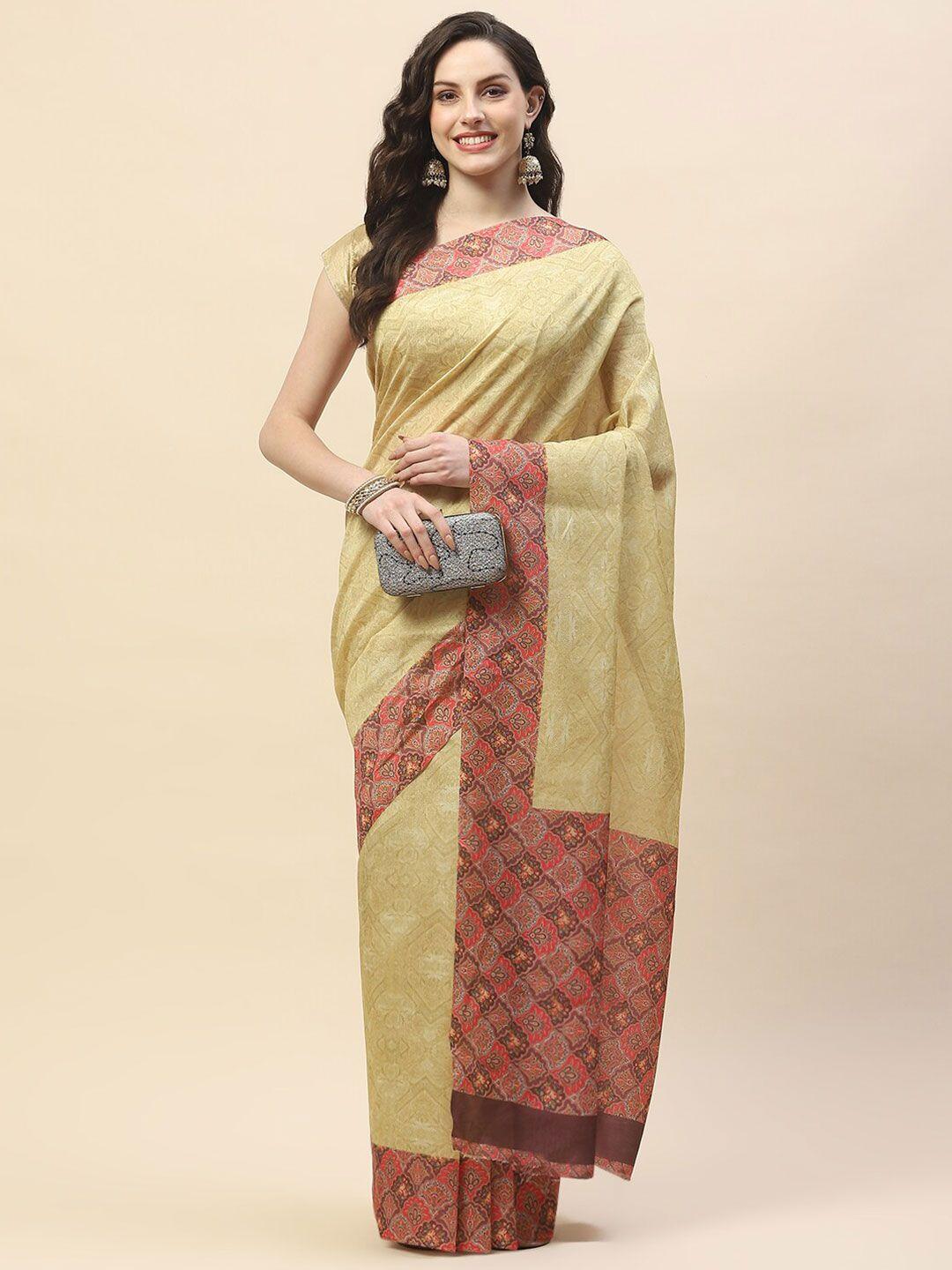 meena bazaar beige & red art silk saree