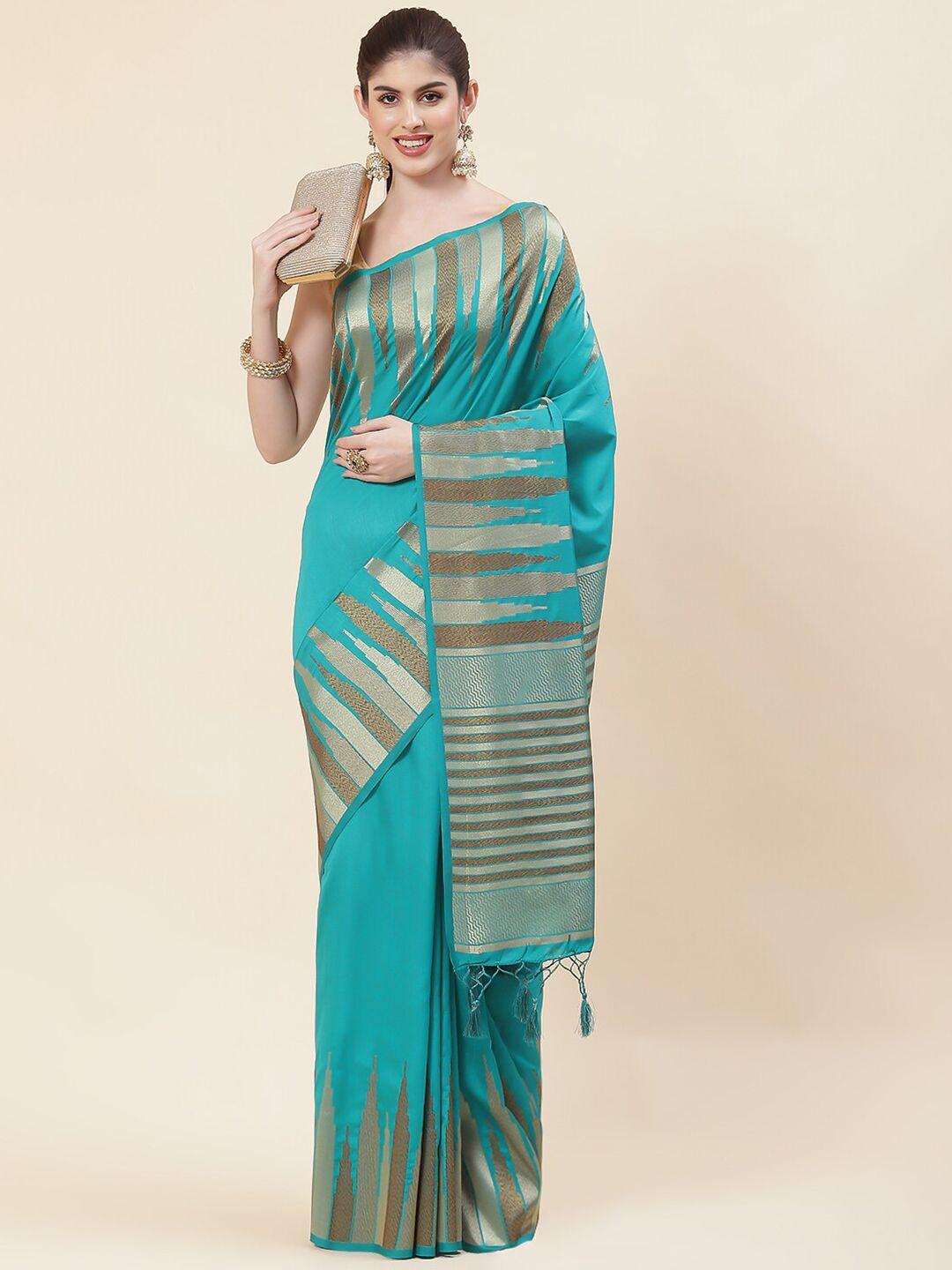 meena bazaar blue & gold-toned woven design zari art silk saree